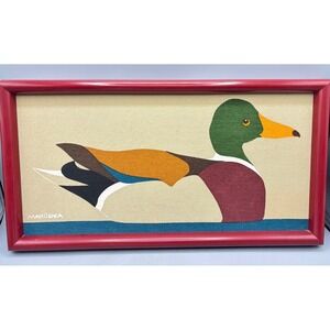Vintage MARUSKA Mallard Duck Fabric Art Print Framed Red Wood Signed Mid Century